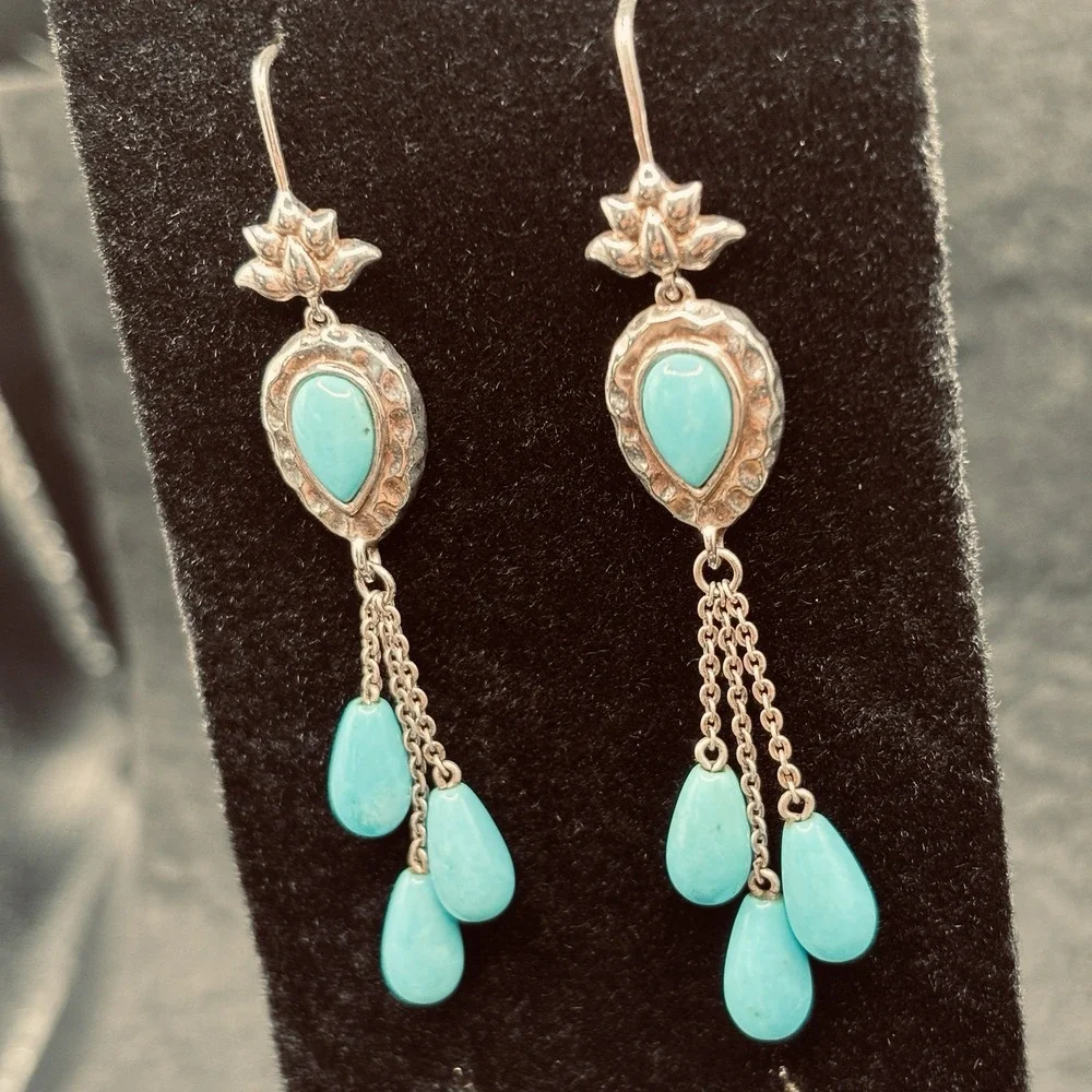 925 Sterling Silver Turquoise Dangle Earrings Floral Teardrop Boho Southwest